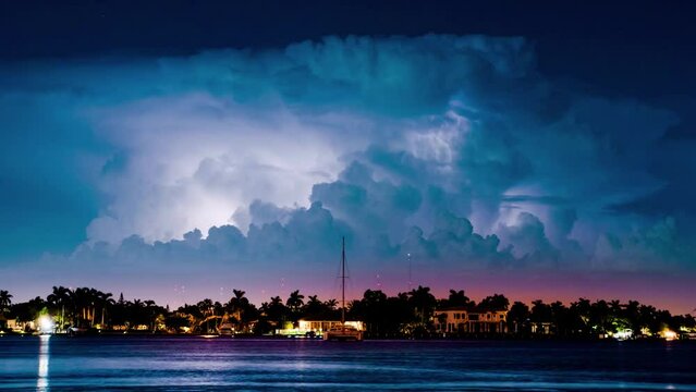 Thunderstorm clouds, lightning bolts and thunderstrike over stormy marina skyline in Miami, Florida. 4K Timelapse