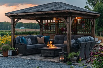 Cozy Outdoor Living Space: Fire Pit, Ambient Lighting & Comfortable Seating Haven