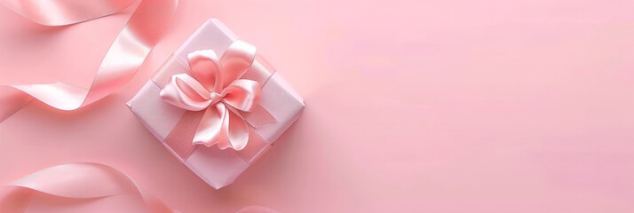 pink gift boxes with pink ribbons on pink background with empty space for text, top view, Mother's Day memories concept, banner christmas, holiday,birthday party
