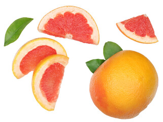  Grapefruit slices isolated on a white background, flat lay, top view