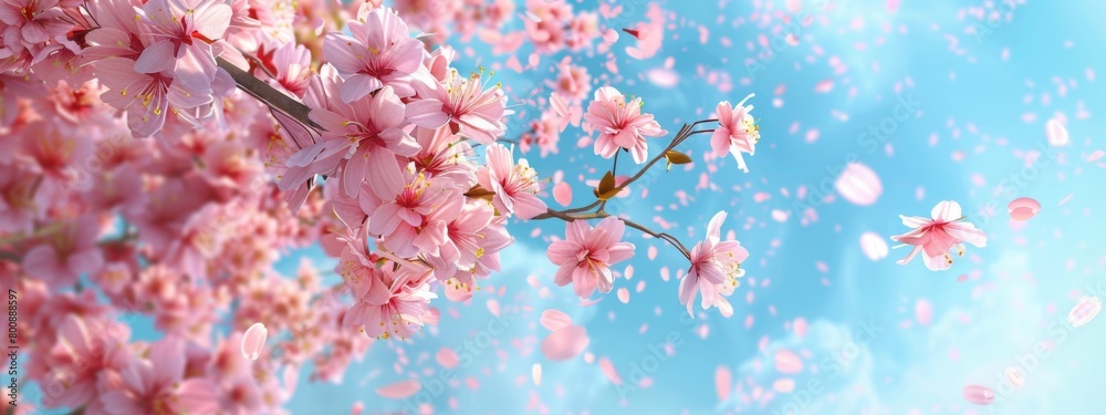 Wall mural 3D rendering of pink cherry blossoms on a blue background