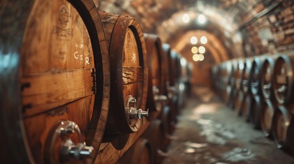 A dimly lit wine cellar with oak barrels stacked in rows