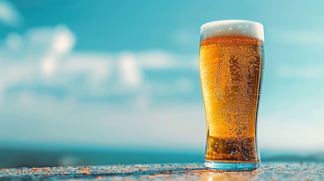 A close up of a glass of beer with a foamy head sitting on a bar with the ocean in the background
