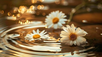 Chamomile flowers on the surface of water in drops, Generative AI,