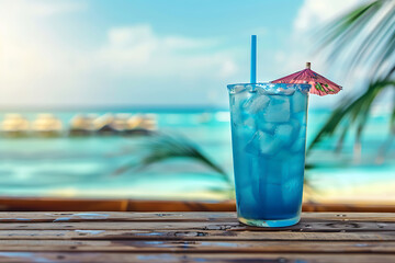 blue lagoon cocktail, summer alcogol drink on the beach in summer resort