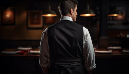 Elegant waiter wearing a white shirt and black vest stands with his back to the camera in a dimly lit restaurant with a blurred background of tables and chairs - Powered by Adobe