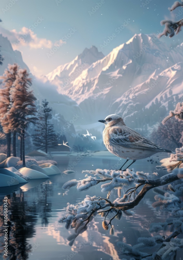 Canvas Prints A beautiful winter scene with a bird on a branch