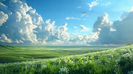 Green rolling hills under a blue sky with white clouds