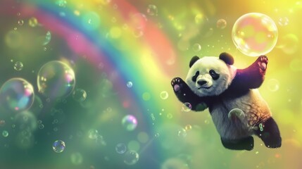 A cute panda is playing with bubbles in a rainbow forest