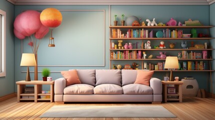 A cozy living room with a sofa, bookshelves, and toys