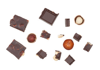Pieces of chocolate isolated on a white background . Top view. Flat lay