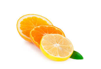 Orange, tangerine and lemon slices isolated on a white background