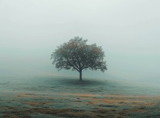 Tree in the middle of a foggy field