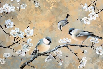 Printable Detailed Forest Scene Wall Art of Two Birds on Tree Branch with White Flowers - Scenic Nature Decor