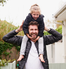 Family, love and daughter on shoulders of dad outdoor in garden for bonding together or fun....