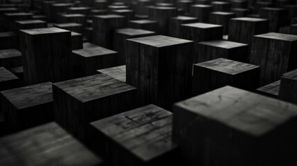Black and white wooden blocks of different heights are neatly arranged