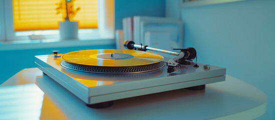 Vintage turntable with a yellow vinyl record in a room with soft lighting and modern, minimalist decor.
