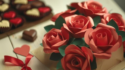 Ribbon wrapped bouquets of paper roses next to heart shaped boxes of homemade chocolates. World Chocolate Day concept. Sweet chocolates perfect for valentines day background.
