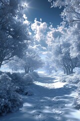 A winter wonderland of snow-covered trees and bushes