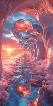 Pink alien landscape with floating spheres and a setting sun