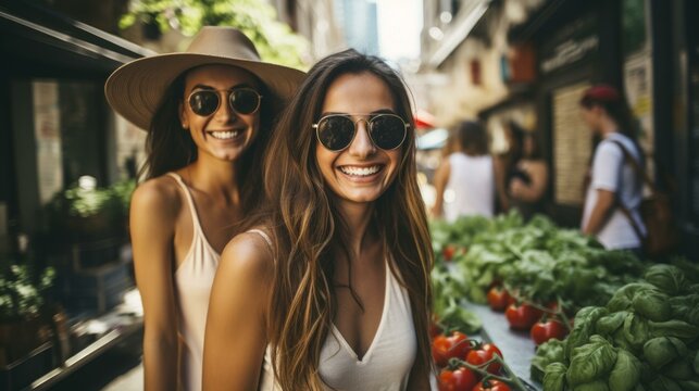 Two young women at a market smiling