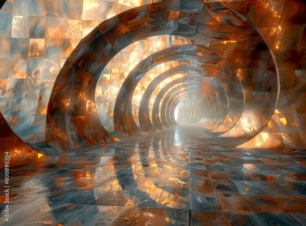 Poster Futuristic sci-fi tunnel with glowing light at the end of the tunnel