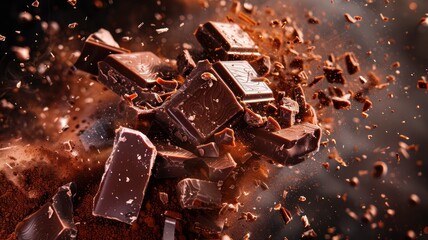 Chocolate bars explosion, dark brown background. World Chocolate Day concept. Sweet chocolates...
