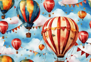 'festive watercolor seamless painted sky hand airplane border design pattern vintage hot garlands parachute flags clouds air balloon party balloons gift box white background' - Powered by Adobe