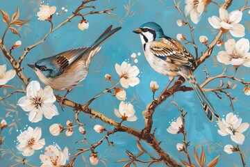 Blue and Beige Birds on Tree- Autumn Sparrows Vertical Oil Painting Print