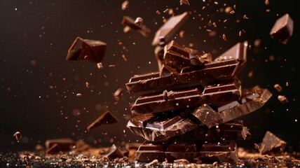 Chocolate bar flying, brawn background, World Chocolate Day concept. Sweet chocolates perfect for...