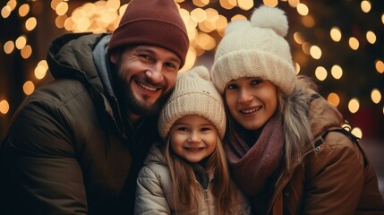 Family in winter clothes posing for a photo in front of a blurry background of lights