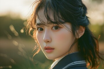 Naklejka premium A beautiful Asian girl with long black hair and brown eyes is looking at the camera