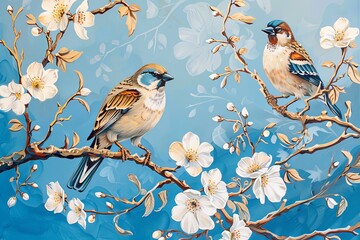 Printable Vertical Oil Painting: Blue & Beige Birds on Tree with White Flowers - Autumn Sparrows Art