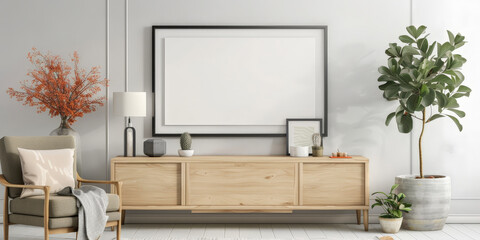 empty picture frame hanging on the wall in front of a modern wooden sideboard. black white frame mockup with plant on white wall with wooden sideboard