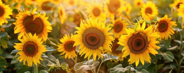 Fototapeta premium A stunning, golden hour image of a thriving sunflower field with a sunset backdrop. banner