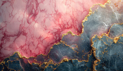 Abstract background with pink and blue marble texture, with golden veins. Created with Ai