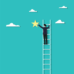 Businessman climbs the ladder to the top to win the star prize