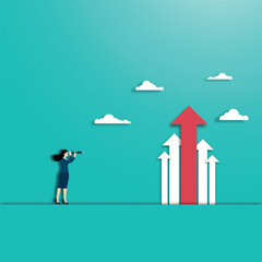 Fototapeta premium Businesswoman holding a telescope standing looking at the red arrow up toward career success