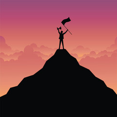 Silhouette of a businessman holding a trophy and flag on mountain