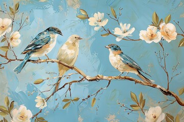 Blue and Beige Birds Oil Painting - Printable Vertical Nature Scene with White Flowers on Tree - Autumn Landscape Decor
