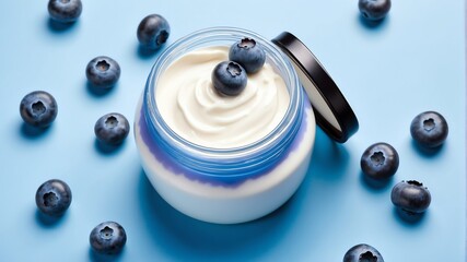 blueberry background with cream lotion on container jar pot for skincare ad beauty product concept from Generative AI