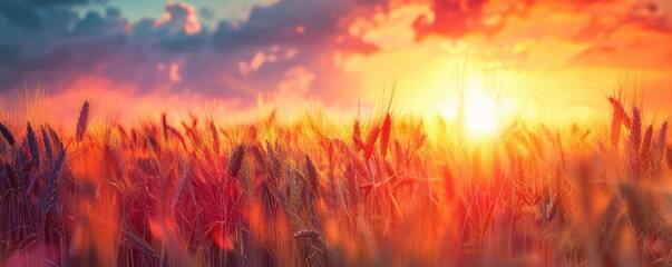 The warm glow of the sunset highlights the beauty and golden hue of the endless wheat field.
