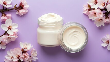 cherry blossoms background with cream lotion on container jar pot for skincare ad beauty product concept from Generative AI