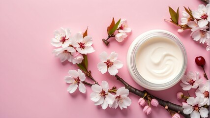 Obraz na płótnie Canvas cherry blossoms background with cream lotion on container jar pot for skincare ad beauty product concept from Generative AI