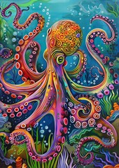 Psychedelic Octopus: Vibrant Underwater Scene with Swirling Colorful Tentacles