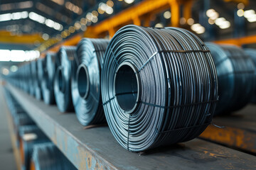 Obraz premium spools of metal wire in an industrial metal processing factory