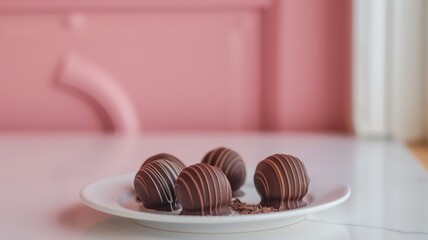 Chocolate and Peanut Butter Truffles served on a white plate on a white table and a pink wall in the background. World Chocolate Day concept. Sweet chocolates perfect for valentines day background.