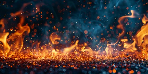 Burning Embers on the Ground with Blue Background