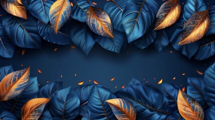 The background is a dark blue tropical leaves pattern with a golden line. The elements in the pattern are hand drawn. It can be used for wallpaper, print, cover, banner, invitation, poster, backdrop,