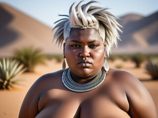 Fat Serious African woman with Grey hair looking at camera. Close-up Female portrait.